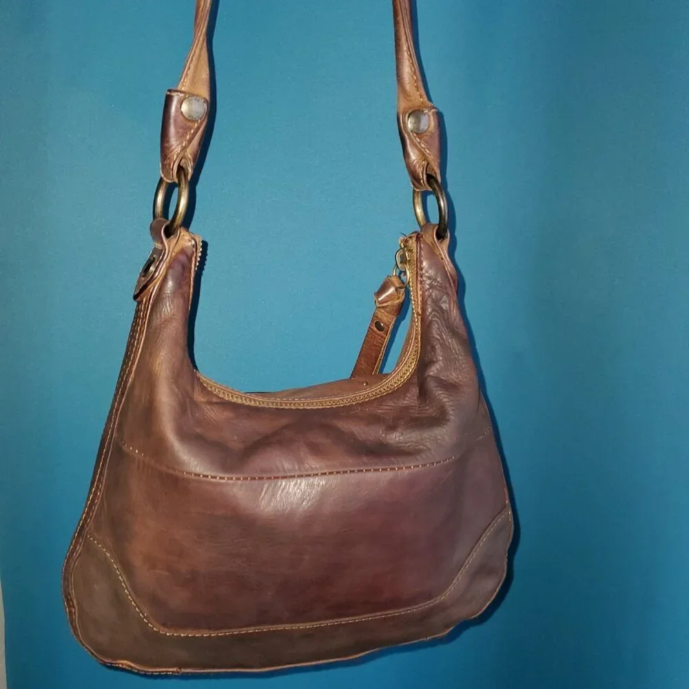 👜 FRYE Vintage Brown Leather Studded Hobo Shoulder Bag Boho